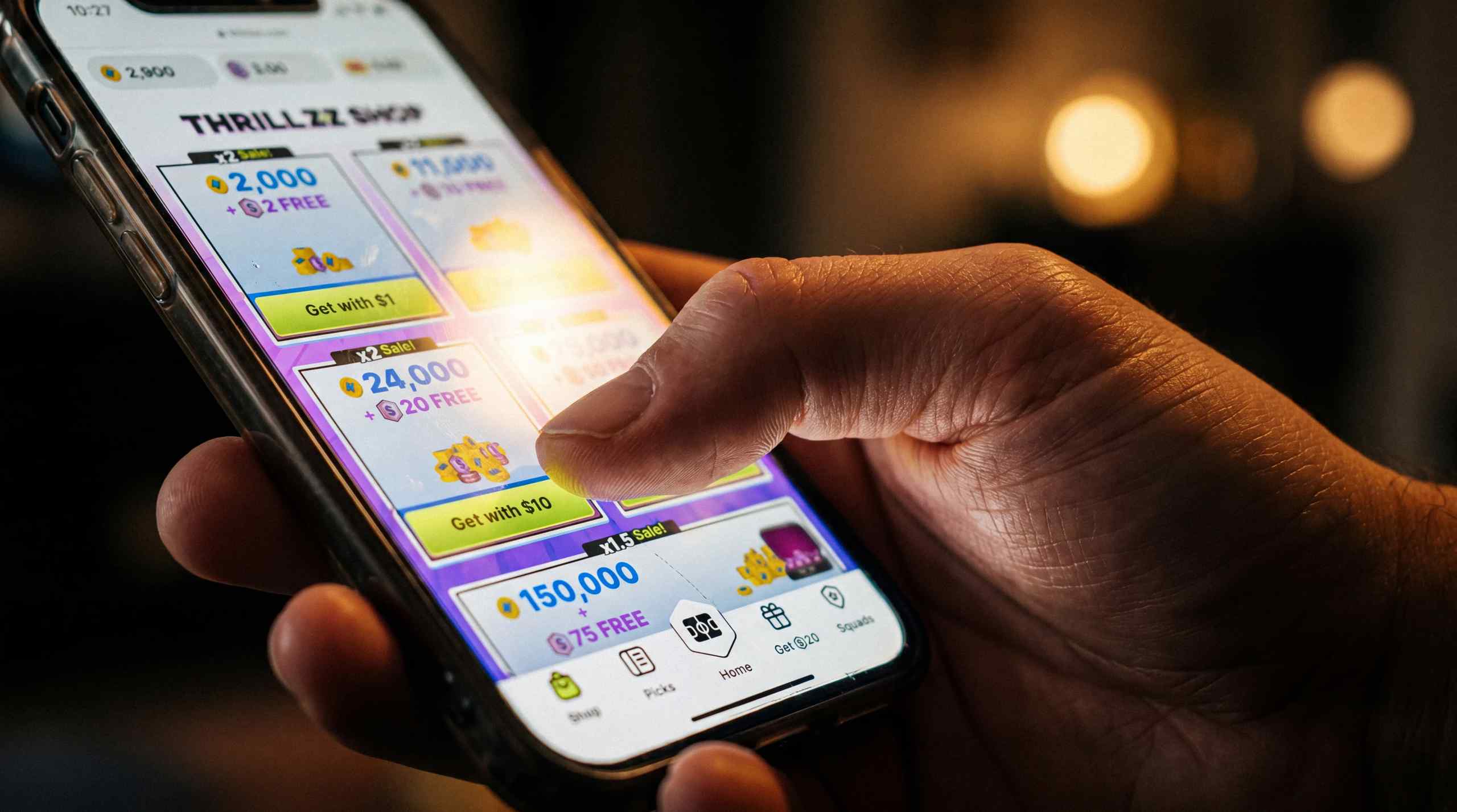 A mobile phone displaying a sweeps casino coin store.
